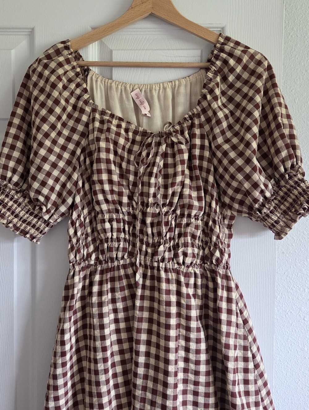 Ivy City Co Kaitlyn Cotton Blend Brown Gingham Check Print Midi Dress